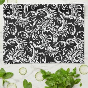 Floral paisley pattern black white kitchen towel