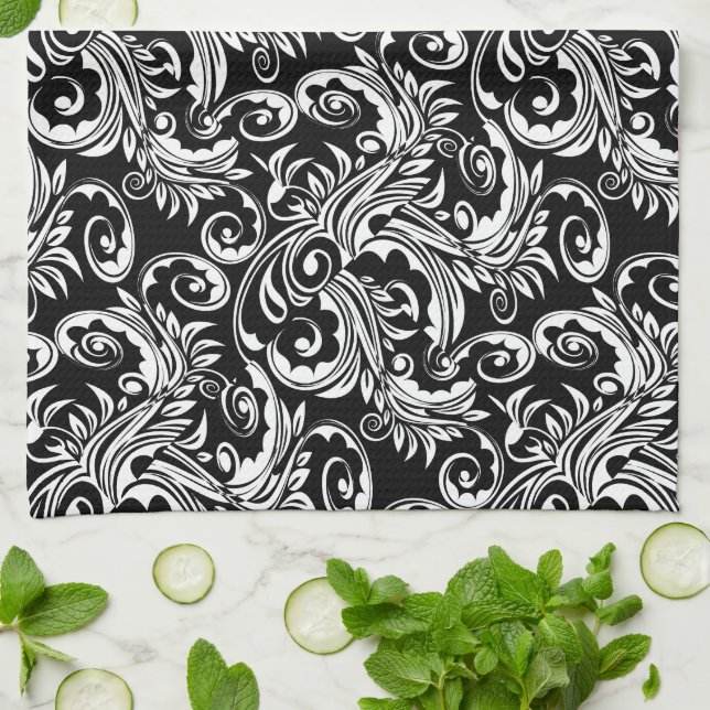 Floral paisley pattern black white kitchen towel (Folded)