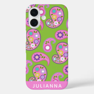 Floral Paisley Pattern Pink Green Personalized iPhone 16 Case