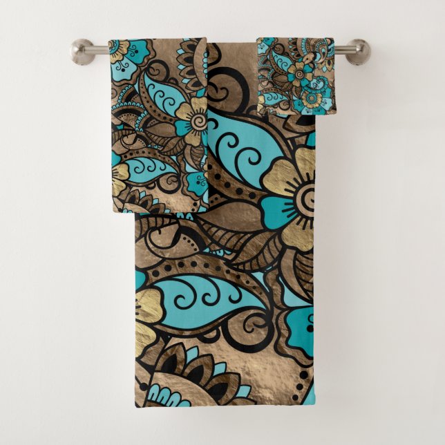 Floral Paisley Pattern - teal and golds Bath Towel Set (Insitu)
