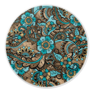 Floral Paisley Pattern - teal and golds Ceramic Knob