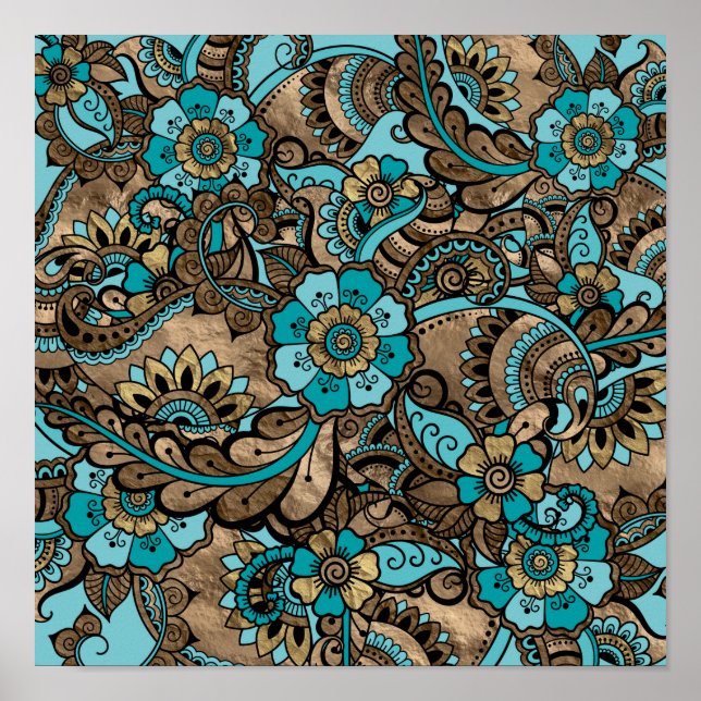 Floral Paisley Pattern - teal and golds Poster (Front)