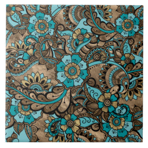 Floral Paisley Pattern - teal and golds Tile