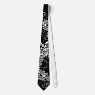 Floral Paisley White Black Stylish Wedding Tie
