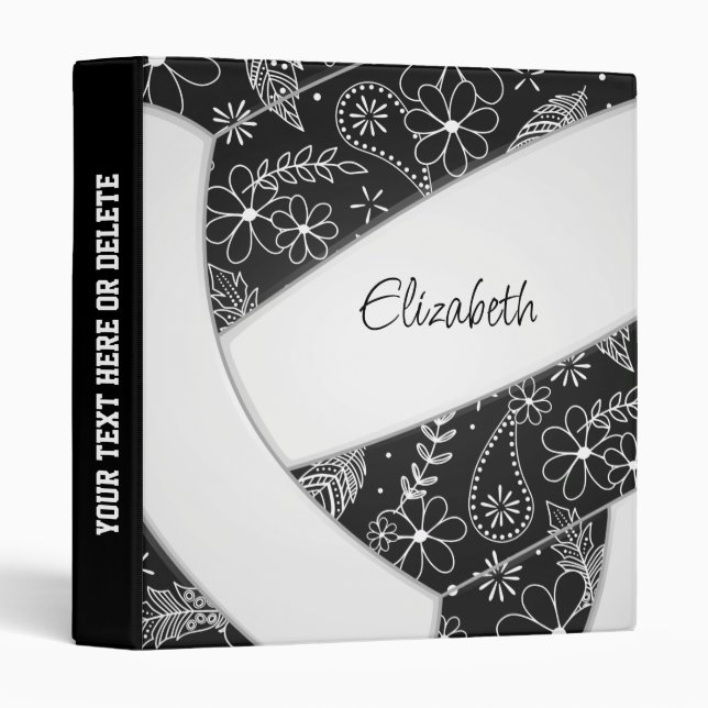 floral paislies feathers black white volleyball binder (Front/Spine)