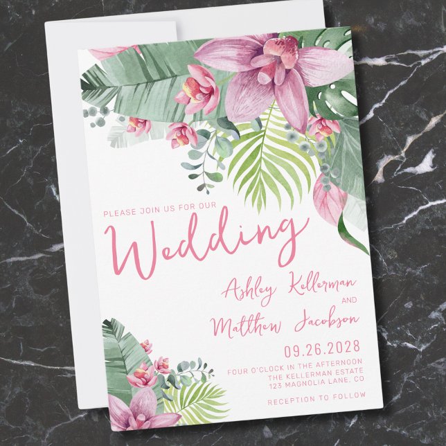 Floral Palm Leaves Tropical Wedding Invitation (Pink Green Floral Palm Leaves Tropical Wedding Invitation)