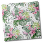 Floral Palm Watercolor Botanical Tropical Pattern Tile<br><div class="desc">A tropical design that embraces the tranquil beauty of nature mixed with a playful edge. A blend of calming green tropical leaves, including banana leaves, palms, monstera leaves, and pink princessa plants, alongside soothing purple-pink orchid flowers and protea bloom, intertwined with various other foliage. Adding an element of fun, a...</div>
