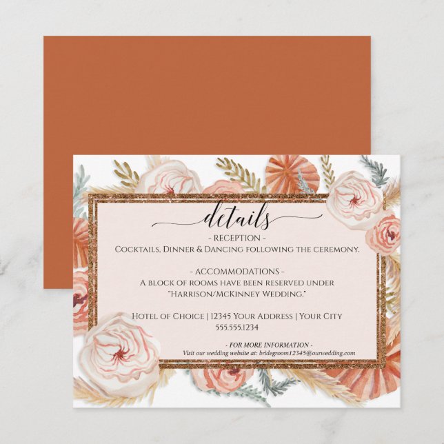 Floral Pampas Foliage Burnt Orange Wedding Details Invitation (Front/Back)