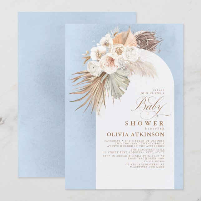 Floral Pampas Grass Boho Dusty Blue Baby Shower Invitation (Front/Back)