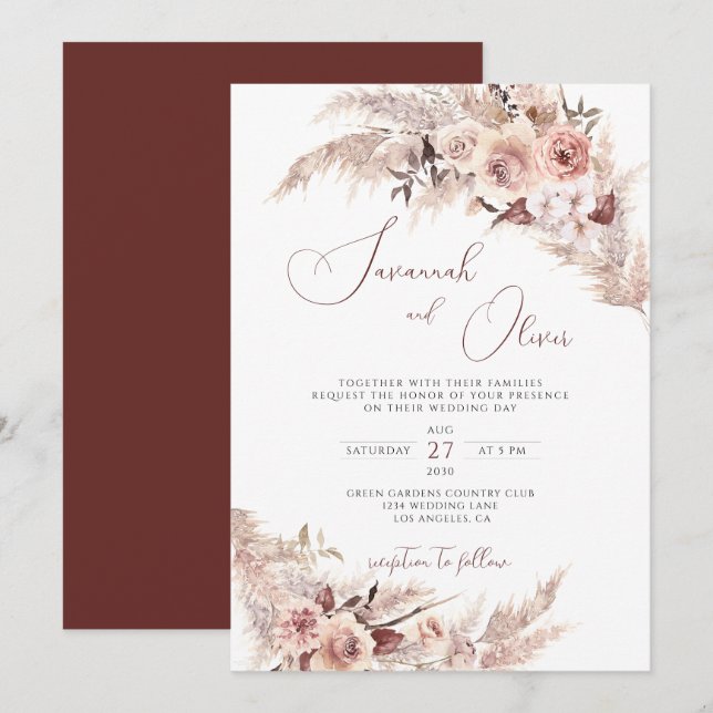 Floral Pampas Grass Boho Rust Earthy Wedding  Invitation (Front/Back)
