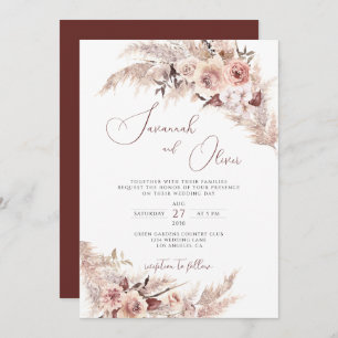 Floral Pampas Grass Boho Rust Earthy Wedding Invitation