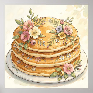Floral Pancake Stack Watercolor Poster