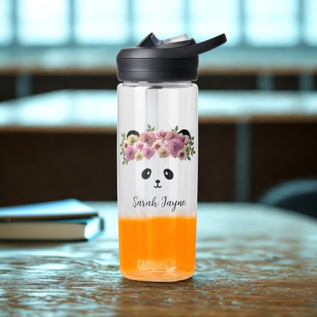Floral Panda Bear Girl Name Water Bottle (A pretty panda bear with flowers in her hair! Just add your name to this cute water bottle)