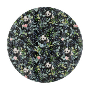 Floral Panda Pattern with Pink and Blue Roses Cutting Board