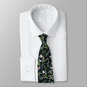 Floral Panda Pattern with Pink and Blue Roses Tie