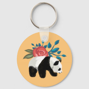 Floral Panda with Rose on Peach Keychain