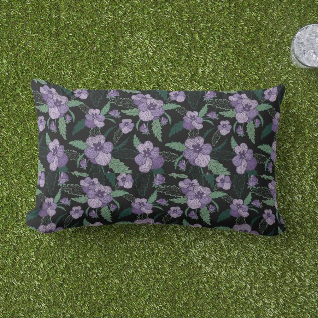 Floral Pansy with Foliage on Dark Background Outdo Lumbar Pillow (Grass)