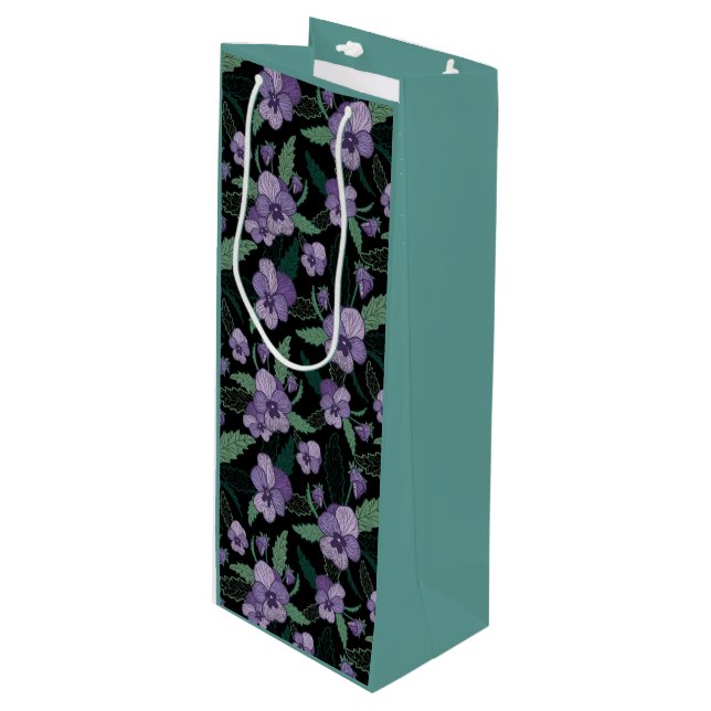 Floral Pansy with Foliage on Dark Background   Wine Gift Bag (Front Angled)