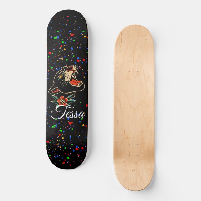 Floral Panther Splatter Script Monogram Name  Skateboard (Front)