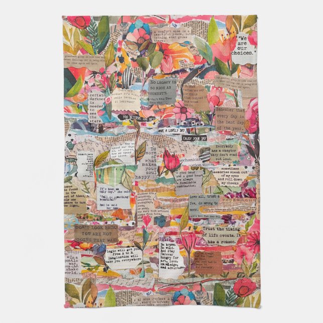 Floral Paper Collage Mixed Media Kitchen Towel (Vertical)