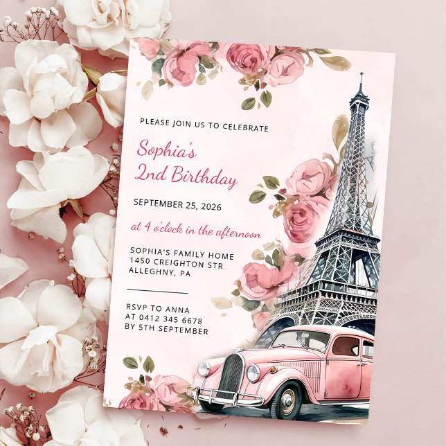 Floral Paris Eiffel Tower 2nd Birthday Party Invitation (Creator Uploaded)