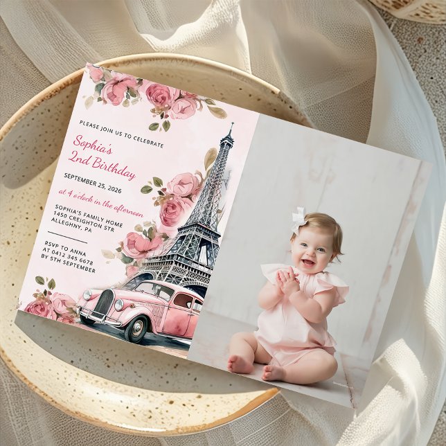 Floral Paris Eiffel Tower 2nd Birthday Photo  Invitation (Creator Uploaded)
