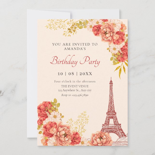 Floral Paris Eiffel tower birthday Invitation (Front)