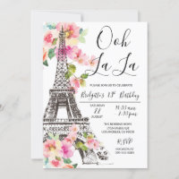 Floral Paris Eiffel Tower Birthday Invitation