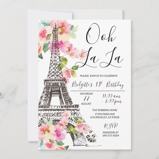 Floral Paris Tour Eiffel Invitation Anniversaire (Devant)