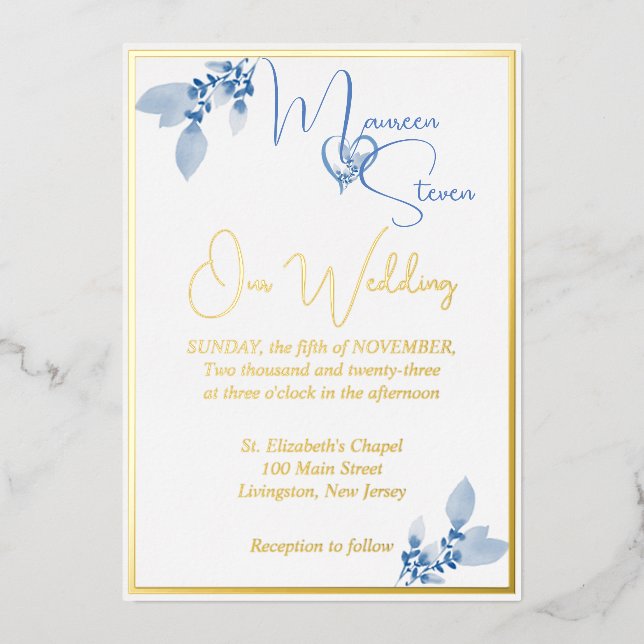 Floral Pastel Blue Wedding Gold (Front)
