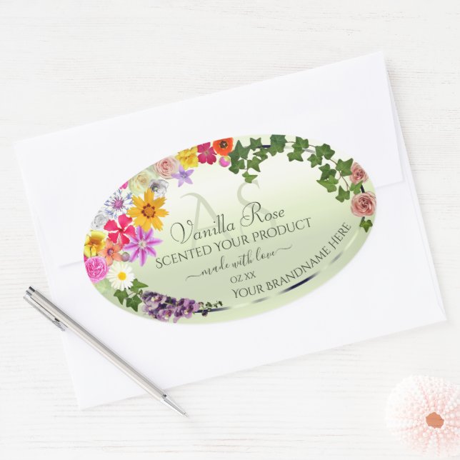 Floral Pastel Green Product Labels with Initials (Envelope)