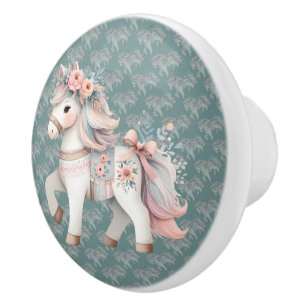 Floral Pastel Horse Fantasy Illustration Ceramic Knob