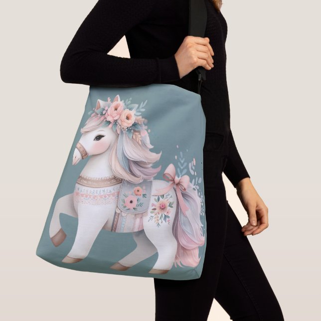 Floral Pastel Horse Fantasy Illustration Crossbody Bag (Close Up)