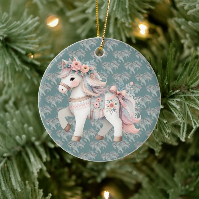 Floral Pastel Horse Fantasy Illustration Cube Pouf Ceramic Ornament (Tree)