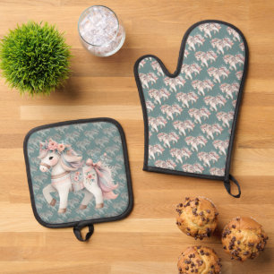 Floral Pastel Horse Fantasy Illustration Oven Mitt & Pot Holder Set