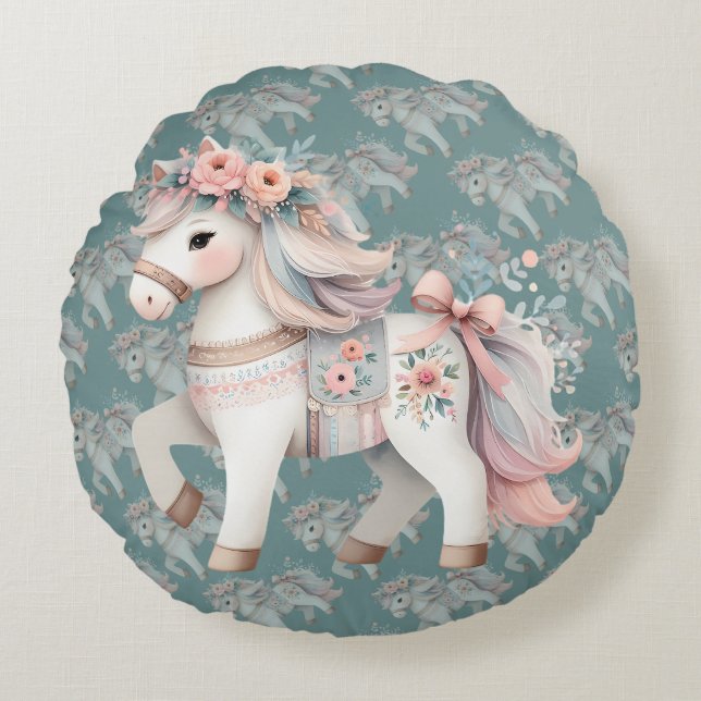 Floral Pastel Horse Fantasy Illustration Round Pillow (Front)