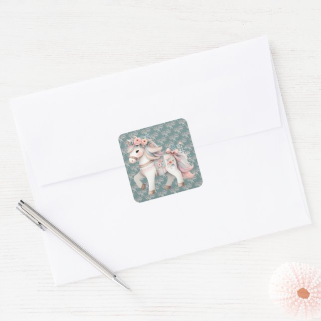 Floral Pastel Horse Fantasy Illustration Square Sticker (Envelope)