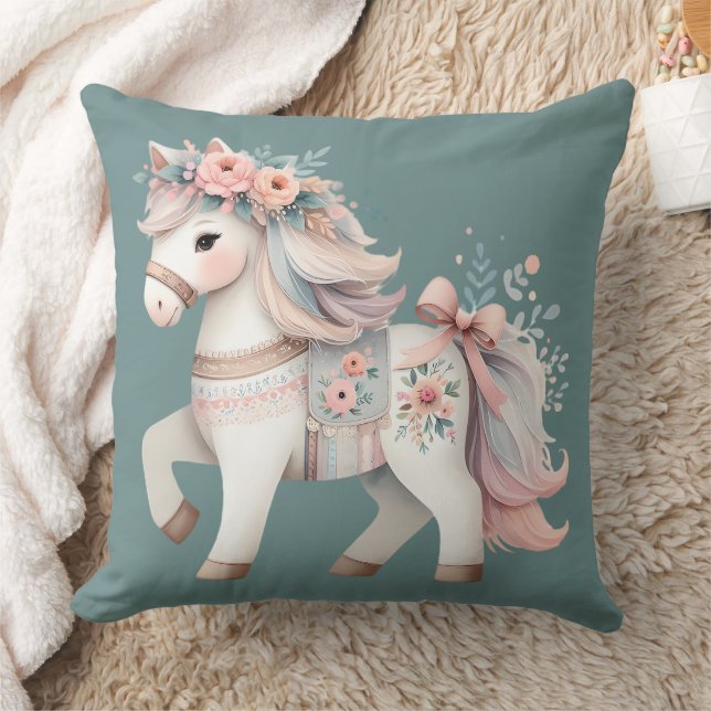 Floral Pastel Horse Fantasy Illustration Throw Pillow (Blanket)
