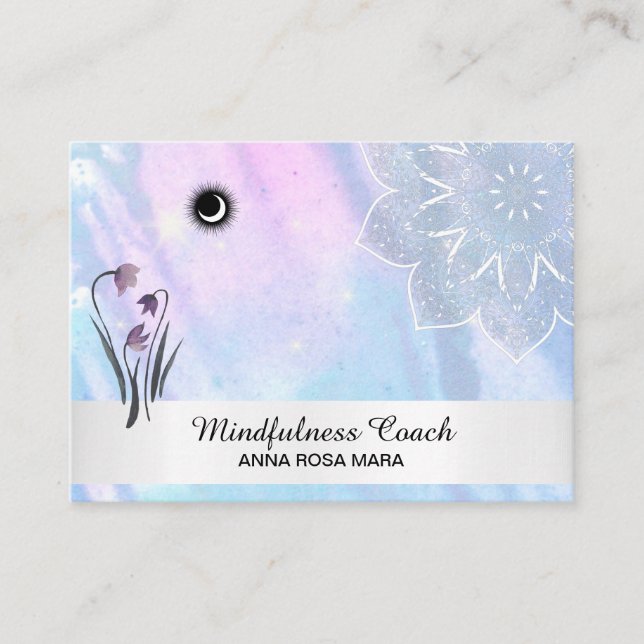 *~* Floral Pastel Moon Lacey Mandala Foil  Business Card (Front)