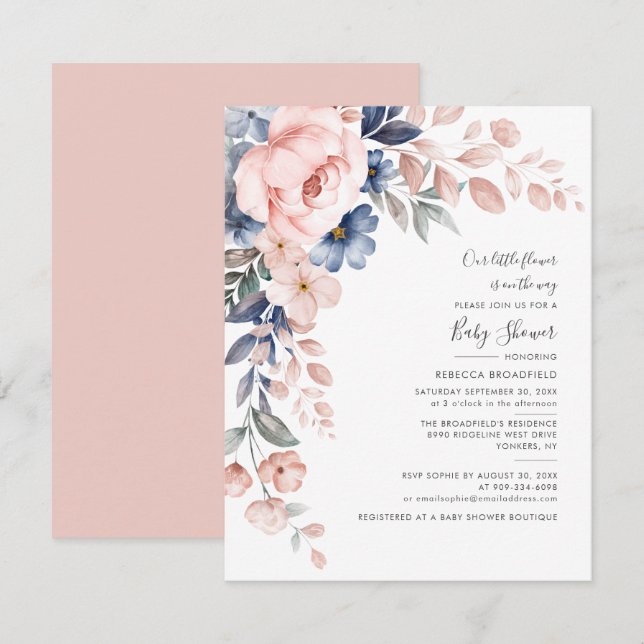 Floral Pastel Pink Blue Watercolor Baby Shower Invitation (Front/Back)