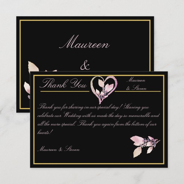 Floral Pastel Pink & Gold on Elegant Black Wedding Thank You Card (Front/Back)