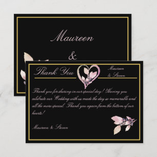 Floral Pastel Pink & Gold on Elegant Black Wedding Thank You Card