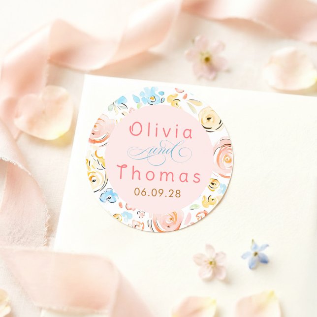 Floral Pastel Whimsical Elegant Wedding Classic Round Sticker (Whimsical Wedding Seal)