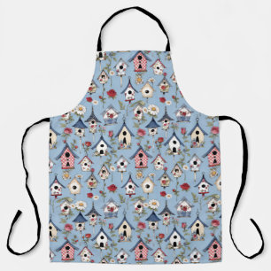 Floral Patchwork Birdhouses & Sky Blue Background Apron