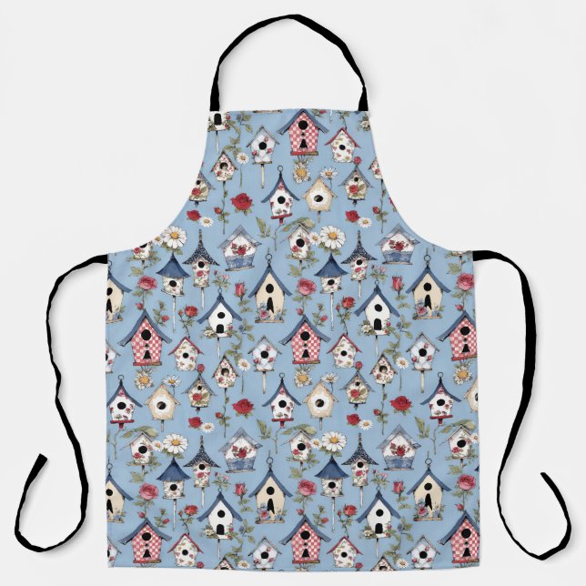 Floral Patchwork Birdhouses & Sky Blue Background Apron (Front)