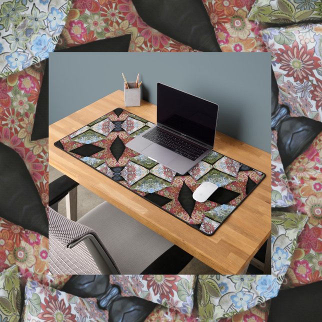 Floral Patchwork Boho Chic Multi Colour Black Desk Mat (Creator Uploaded)