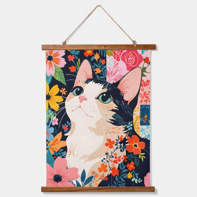 Floral Patchwork Cat Hanging Tapestry (Front)