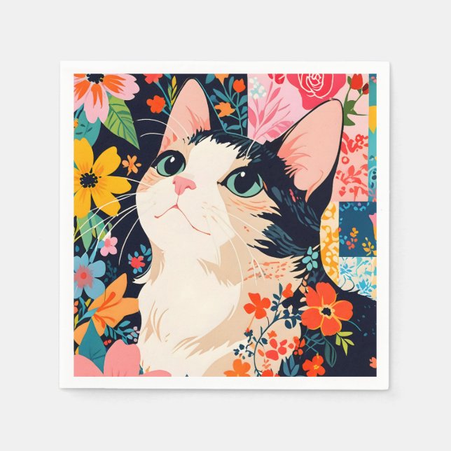 Floral Patchwork Cat Napkin (Front)