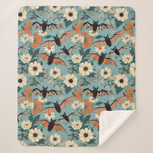 Floral Patchwork Halloween Bats & Flowers Sherpa Blanket
