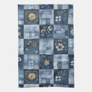 Floral Patchwork Pattern   Boho Denim Kitchen Towel